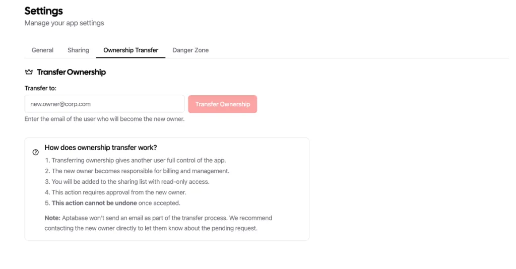 Screenshot of the ownership transfer settings page